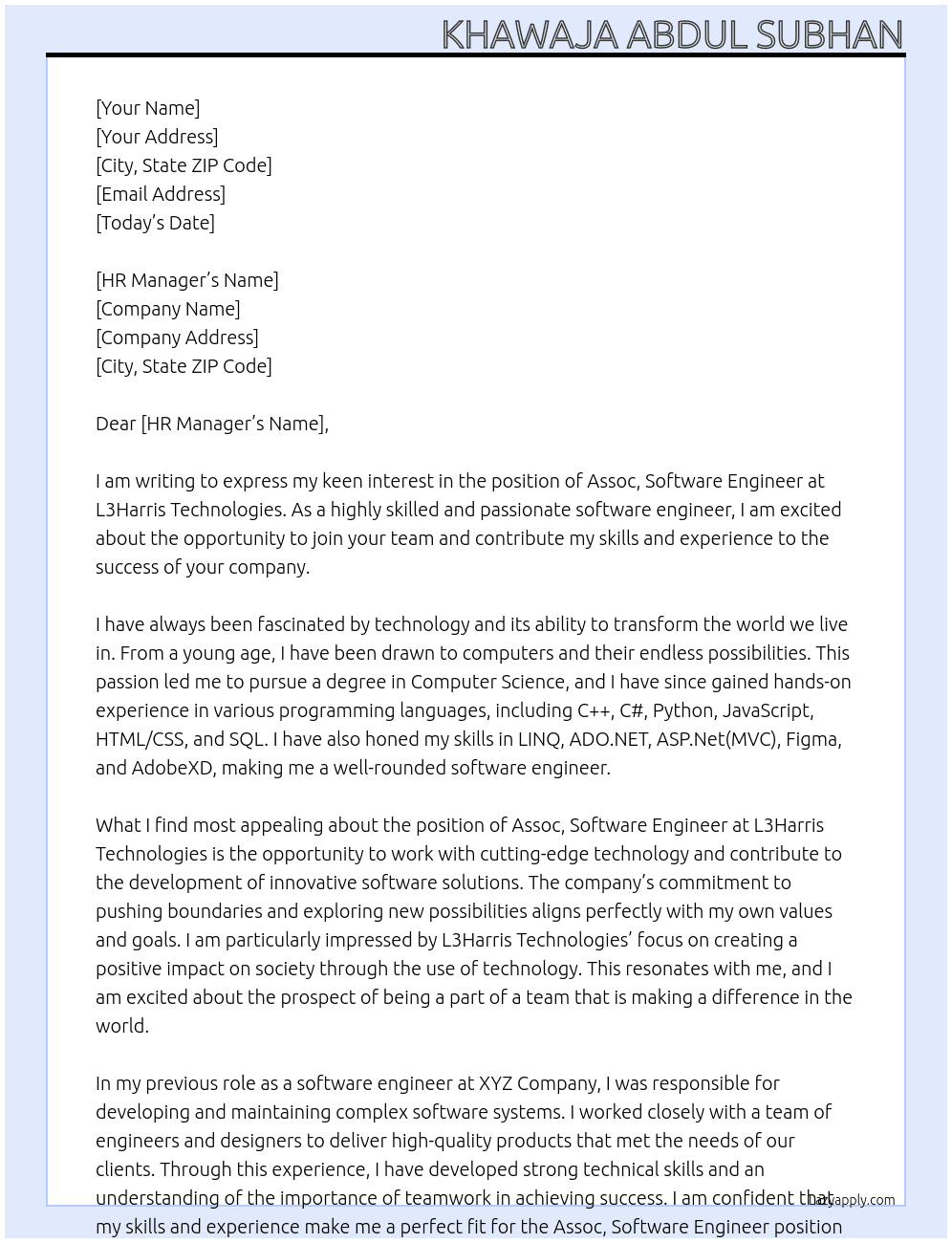 Assoc, Software Engineer At L3Harris Technologies Cover Letter