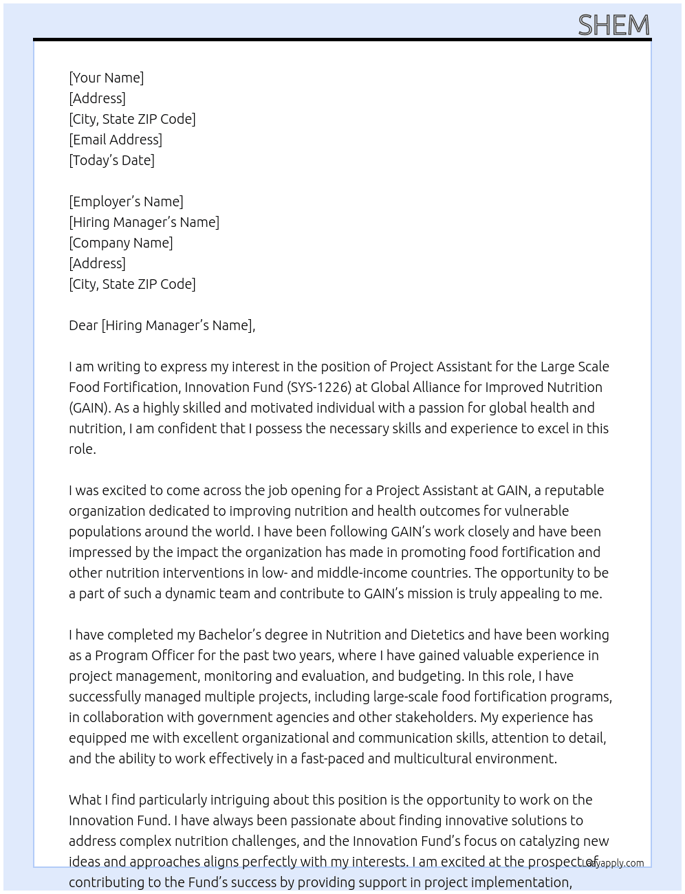 Project Assistant, Large Scale Food Fortification, Innovation Fund - SYS-1226 At Global alliance for improve Nutrition Cover Letter