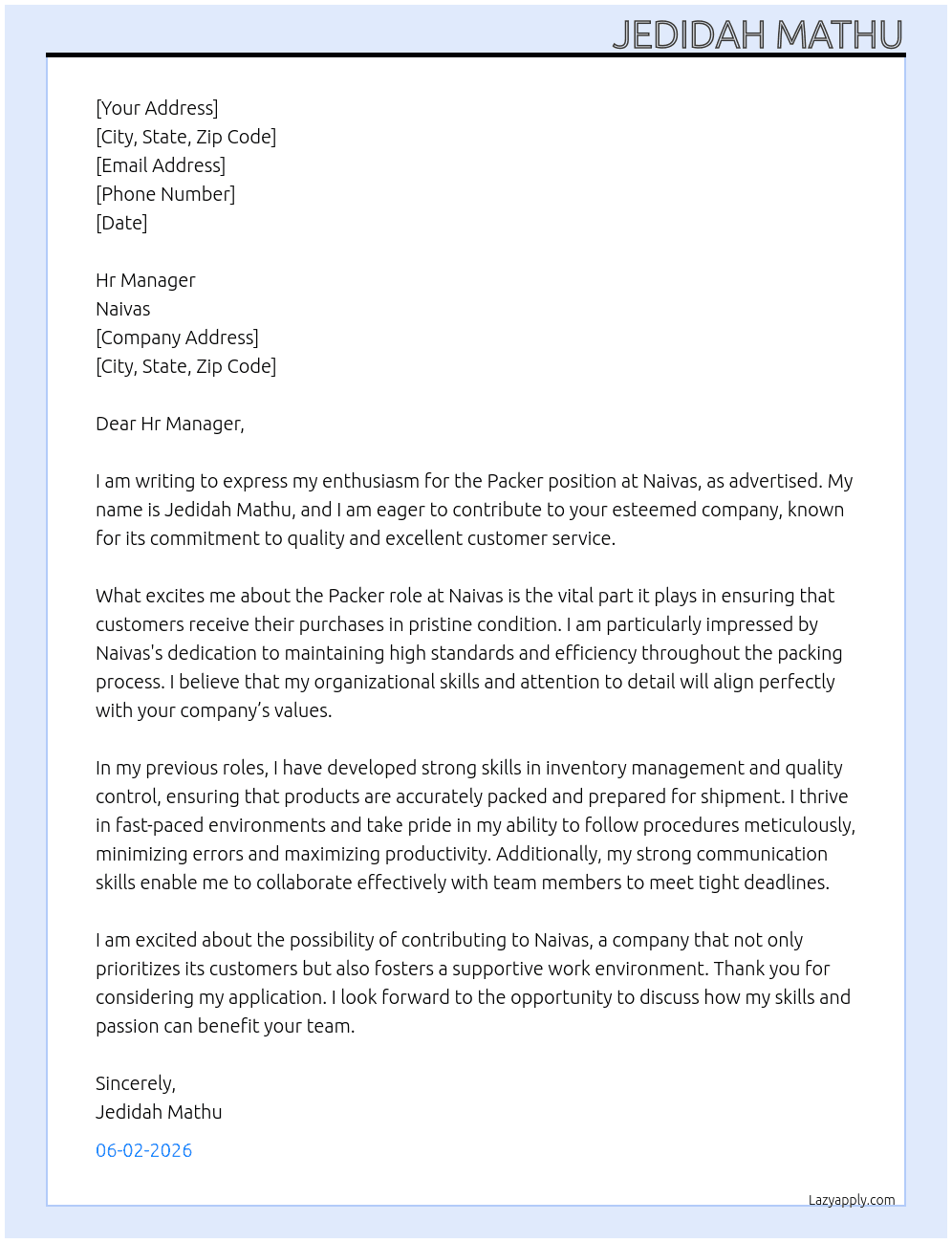 Packer  At Naivas Cover Letter