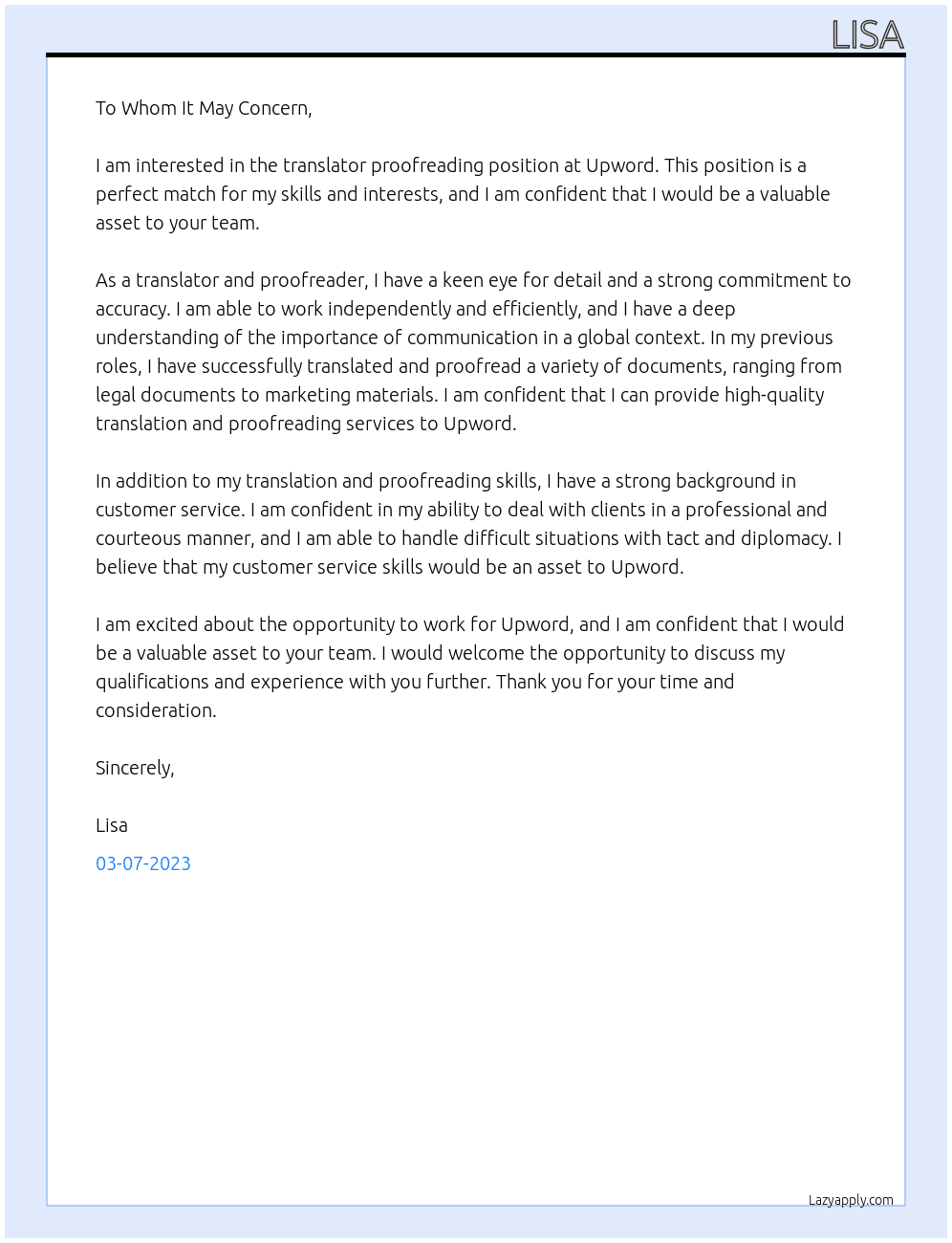 translator proofreading At upword Cover Letter