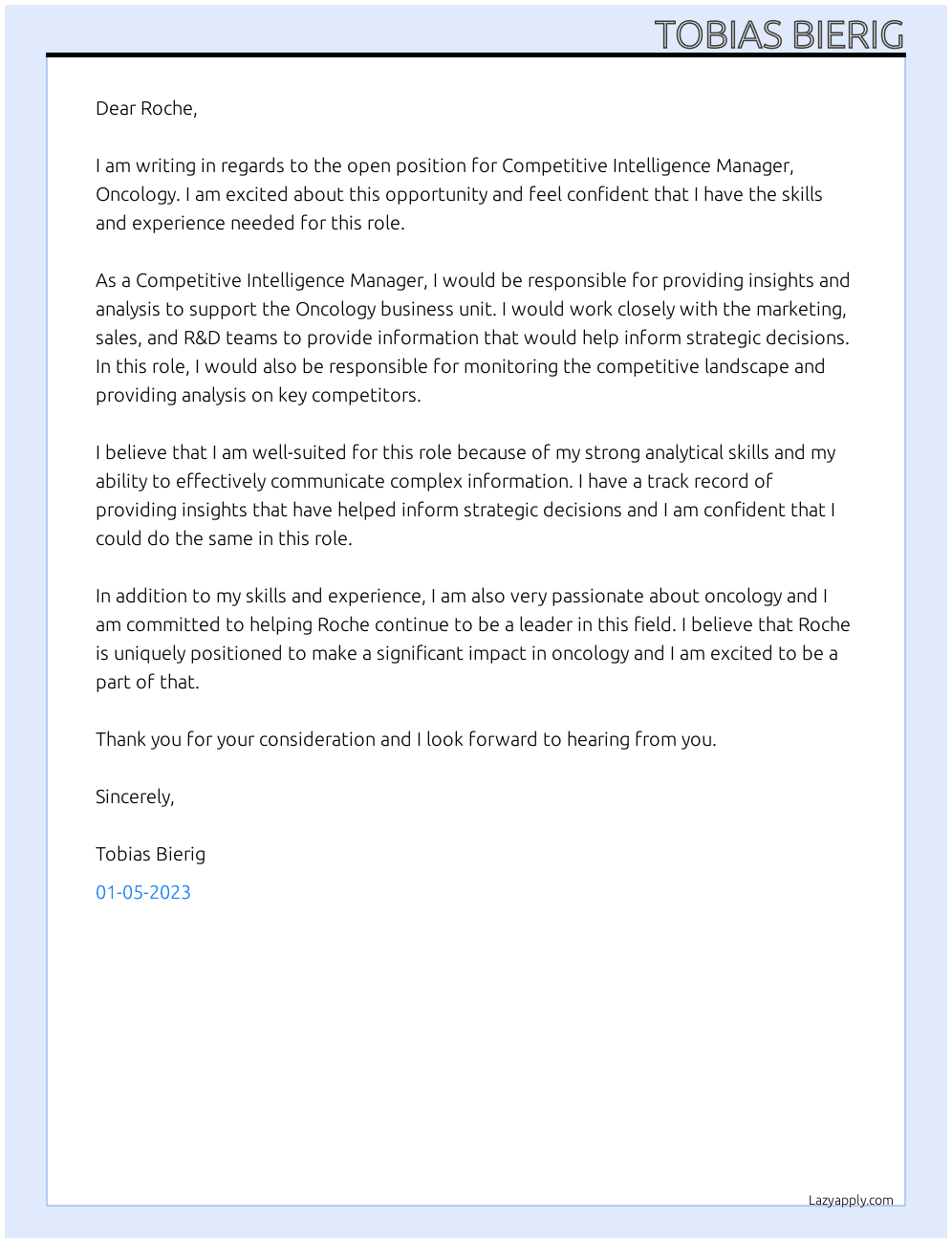 Cover letter for competitive intelligence manager, oncology - LazyApply