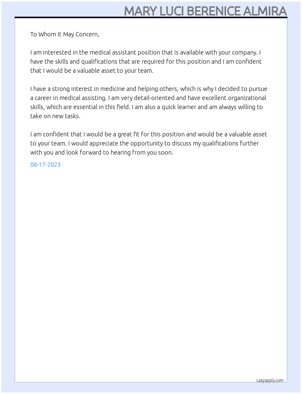 Medical Assitant At Work from Home Medical Position  Cover Letter