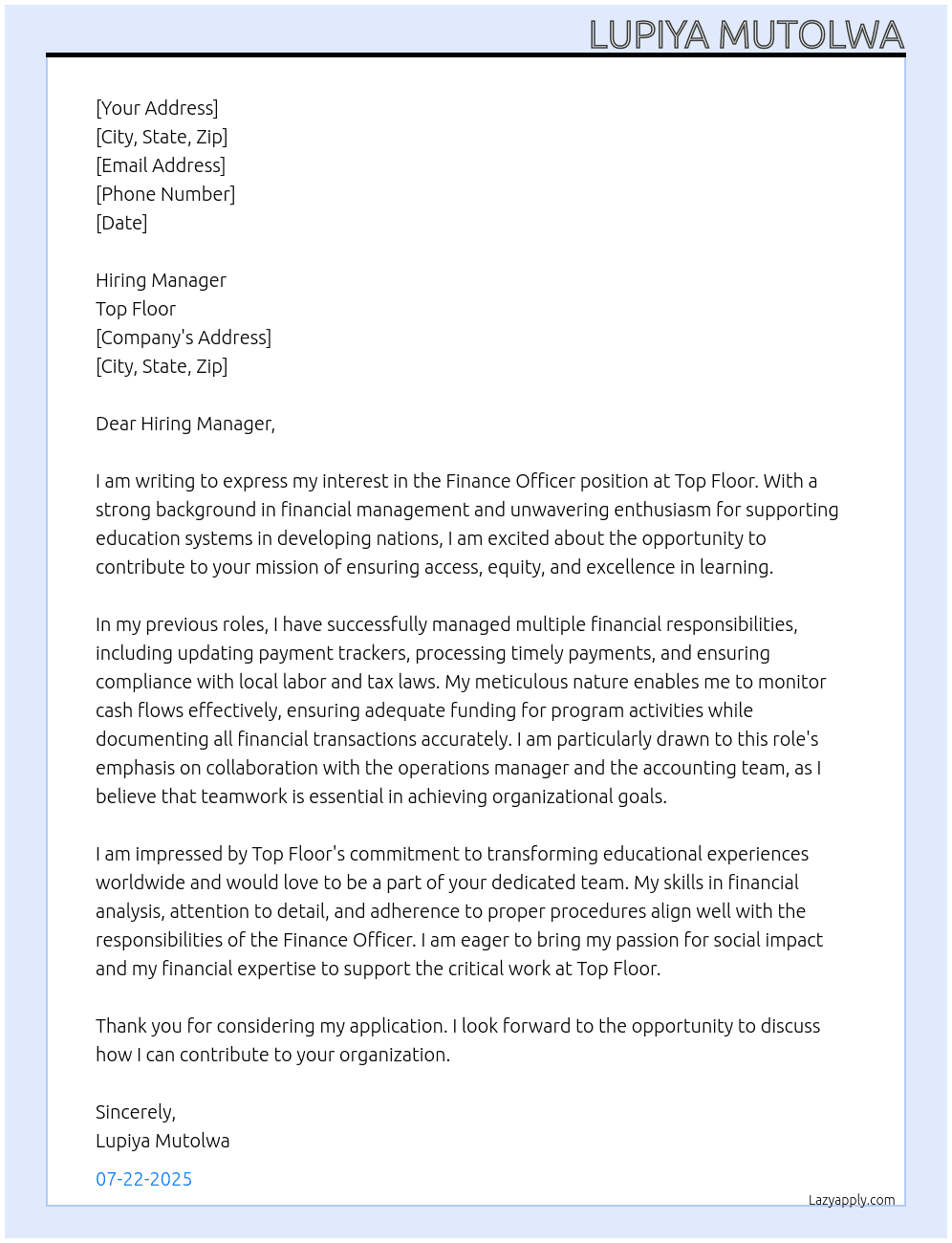 Finance Officer  At Top floor  Cover Letter