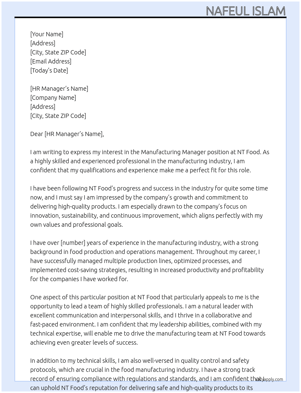 Manufacturing Manager At NT Food Cover Letter