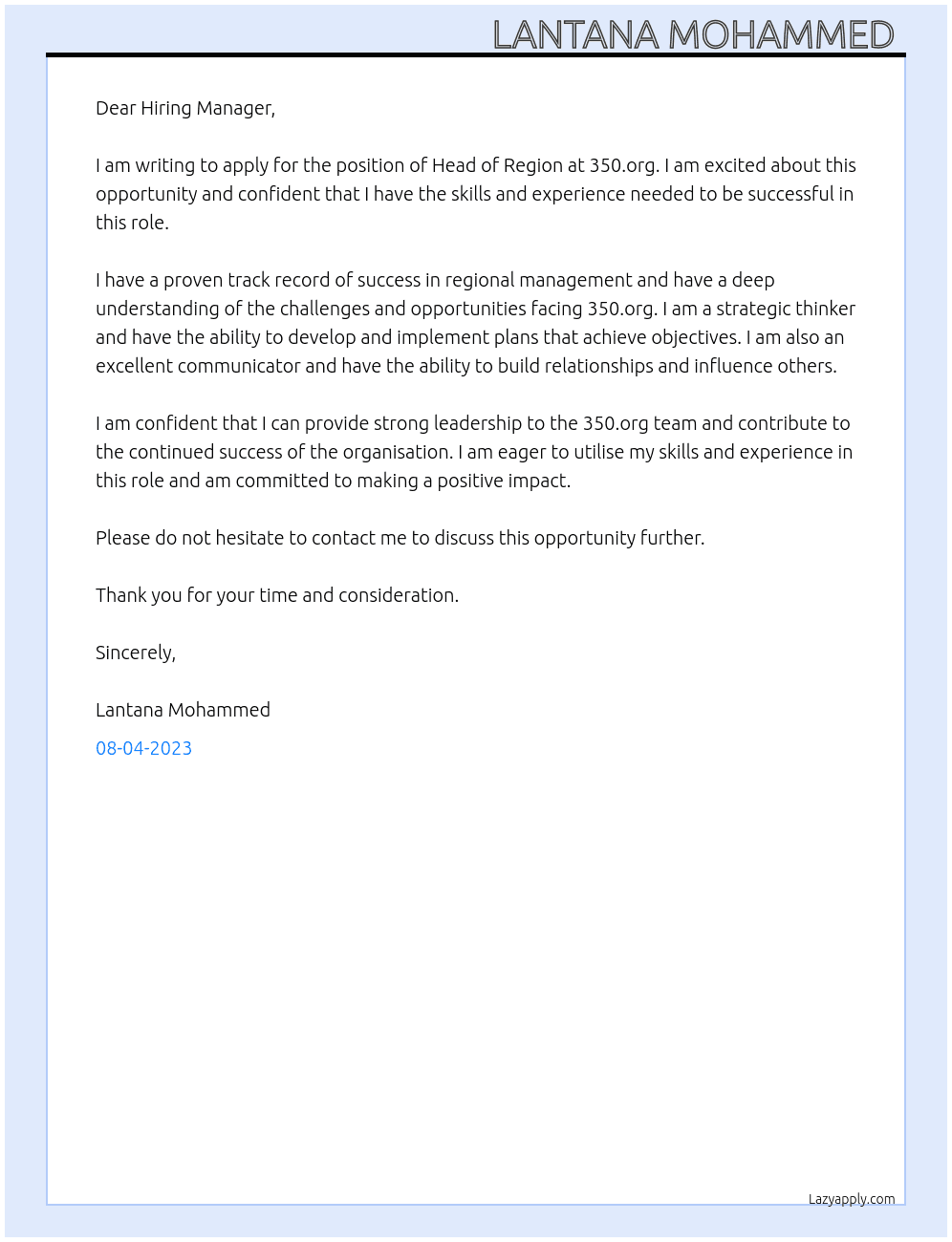 Head of Region  At 350.org Cover Letter