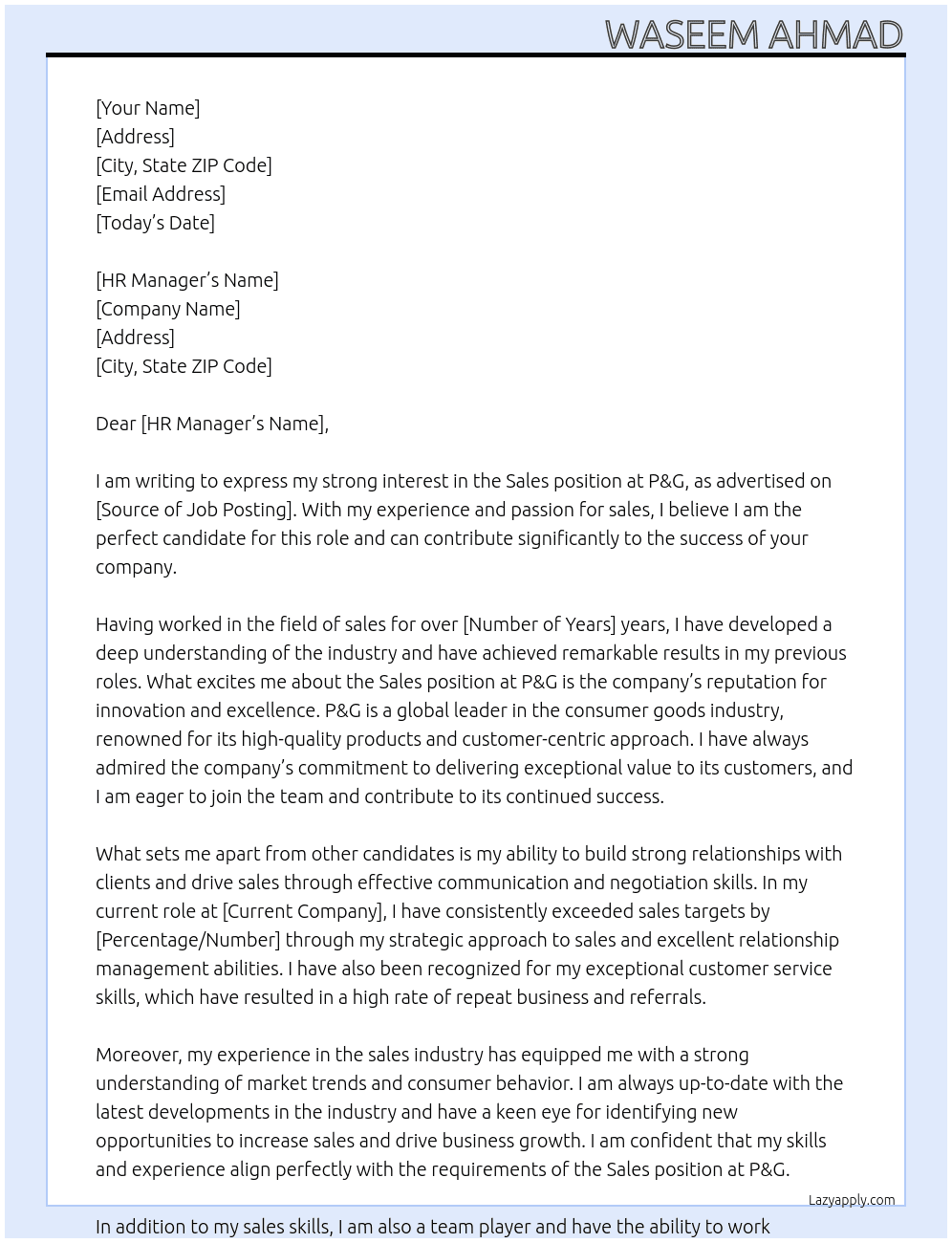 sales At p and g Cover Letter