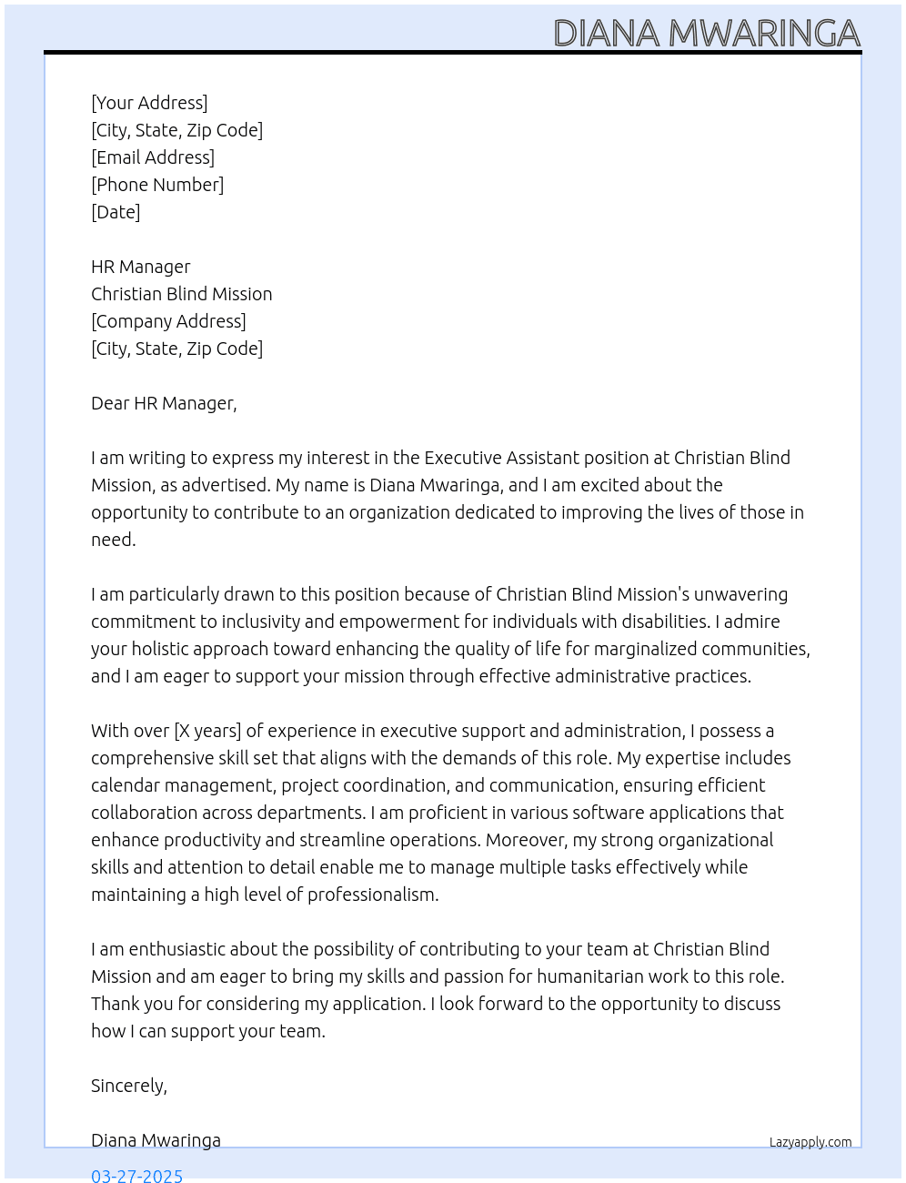 Executive Assistant At Christian Blind Mission Cover Letter