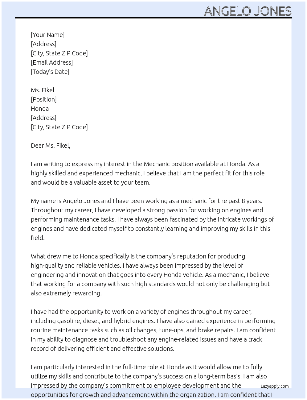 Mechanic At Honda Cover Letter