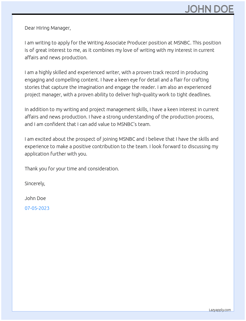 Writing Associate Producer At MSNBC Cover Letter