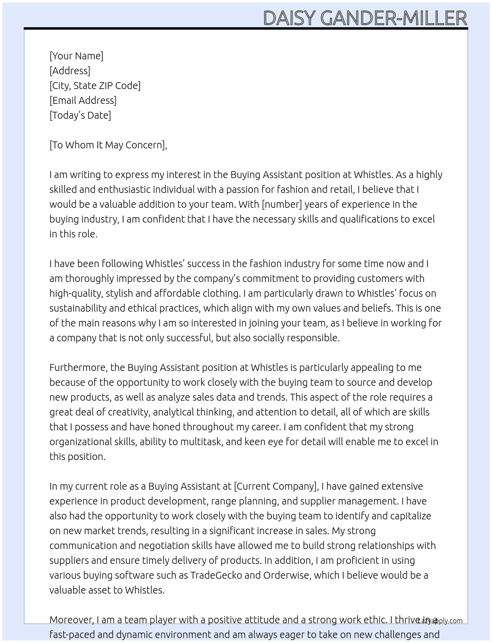 Buying Assistant At Whistles Cover Letter