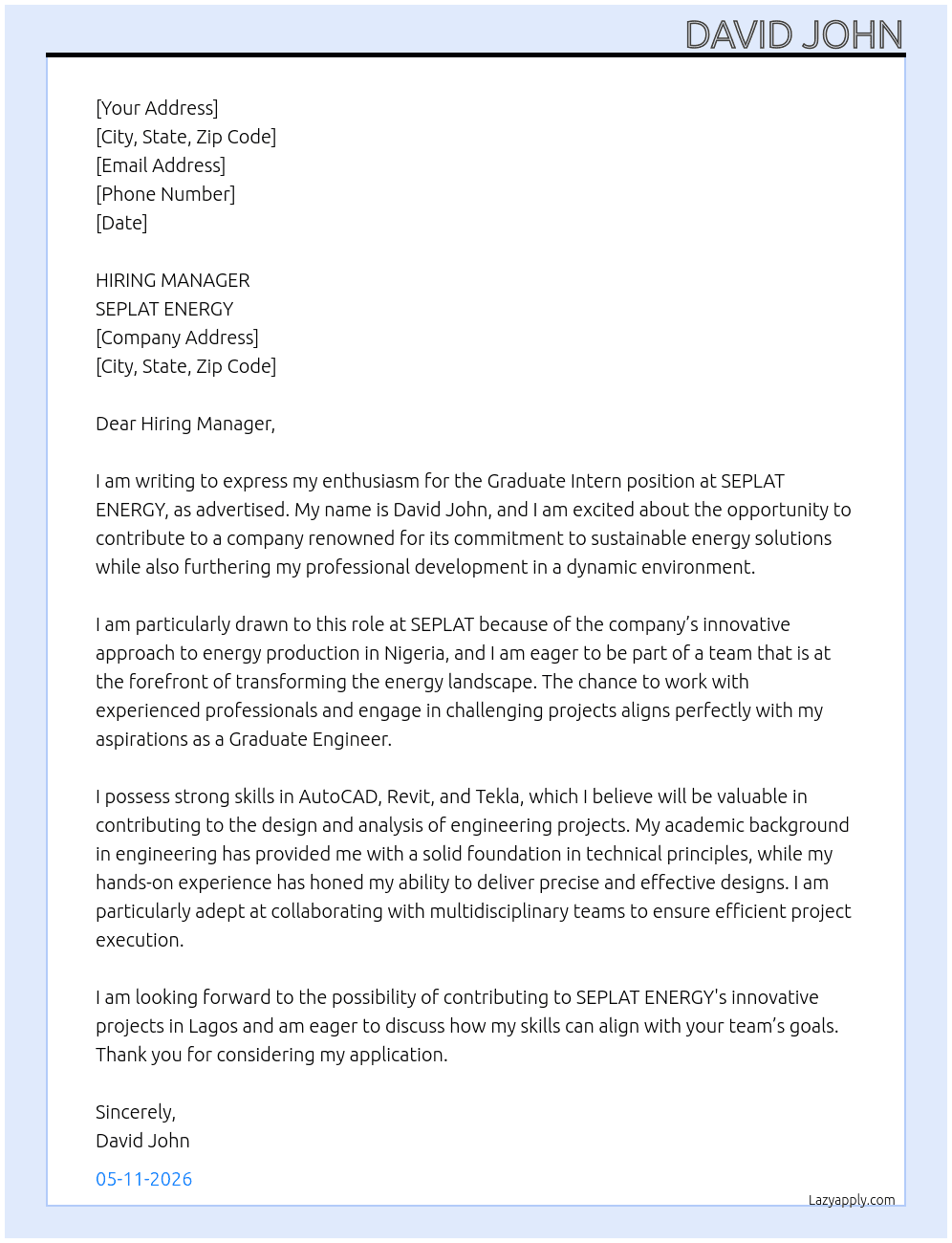 Cover letter for graduate intern - LazyApply