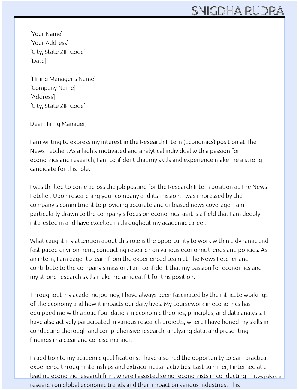 Research Intern (Economics) At The News Fetcher Cover Letter