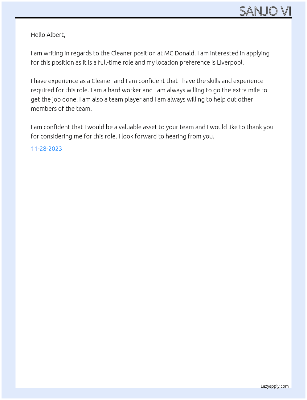 Cleaner At MC DONALD Cover Letter