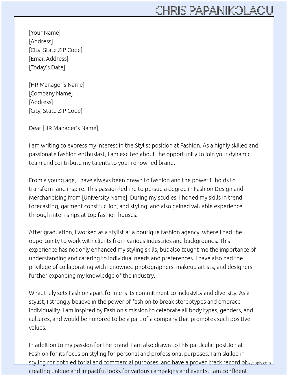 Stylist At Fashion Cover Letter