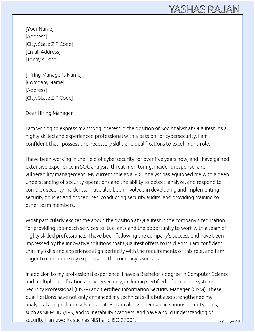 Soc analyst  At Qualitest Cover Letter