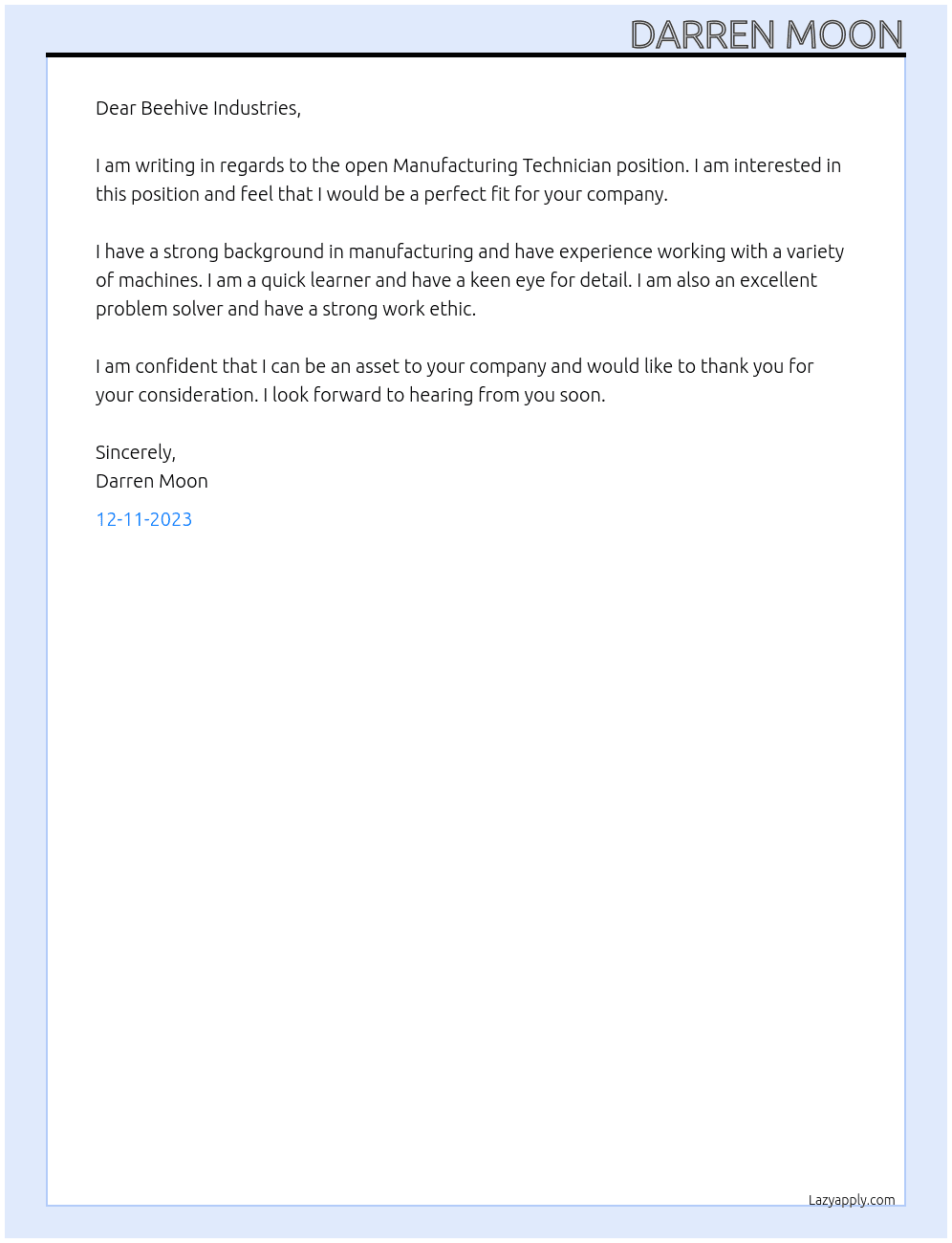 Manufacturing Technician At Beehive Industries Cover Letter
