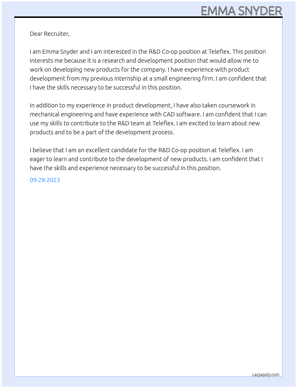 R&D Co-op At Teleflex Cover Letter