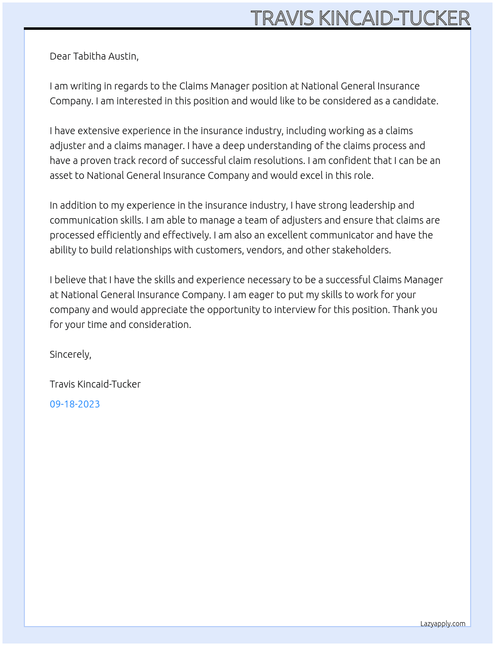 Claims manager At National General Insurance Company Cover Letter