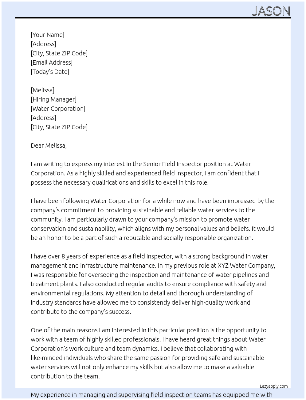 Senior Field Inspector At Water Corporation Cover Letter