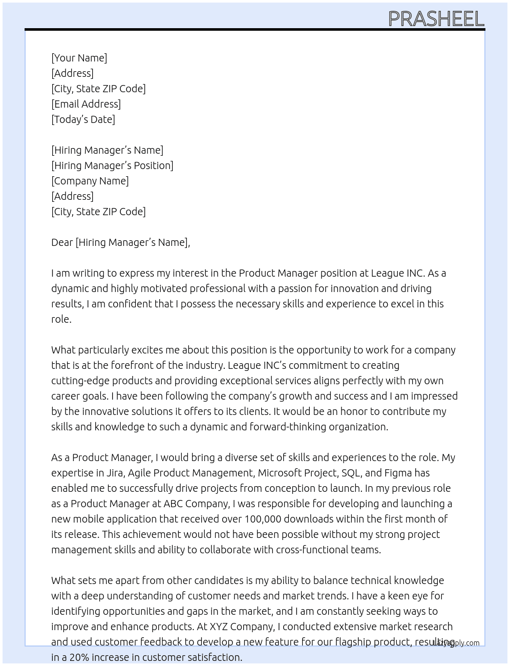 Product Manager At League INC. Cover Letter