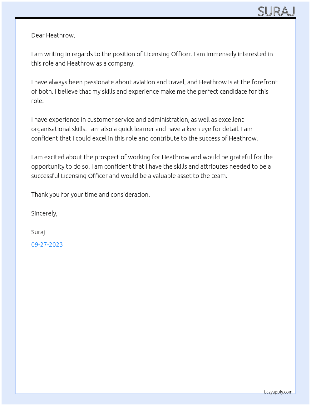 Licensing Officer At Heathrow Cover Letter