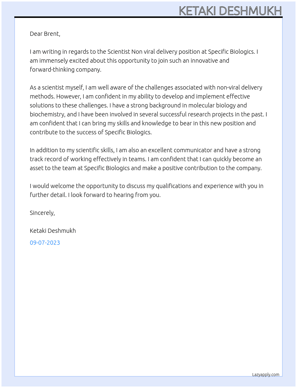 Scientist Non viral delivery  At Specific Biologics Cover Letter