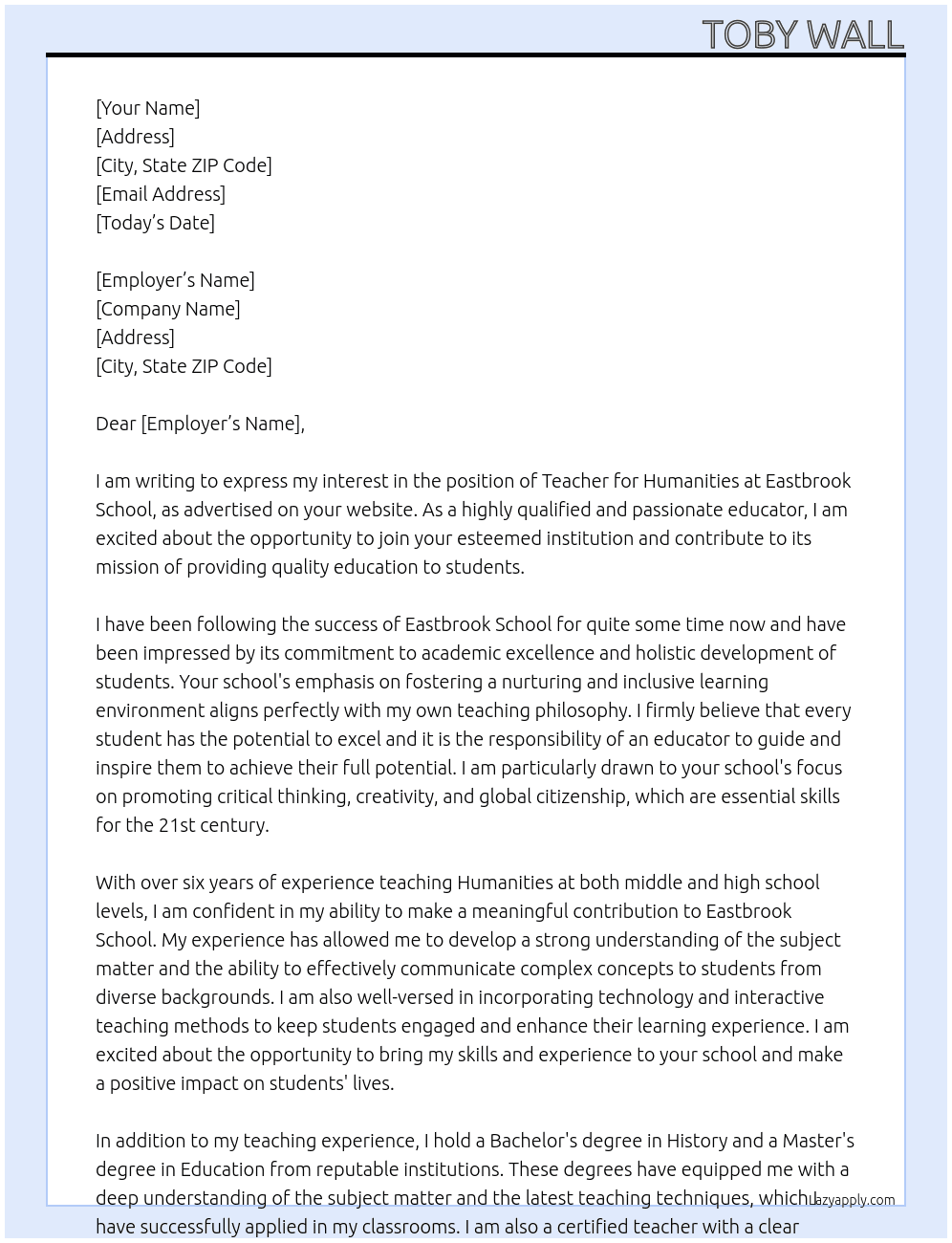 Teacher for humanities  At Eastbrook school Cover Letter