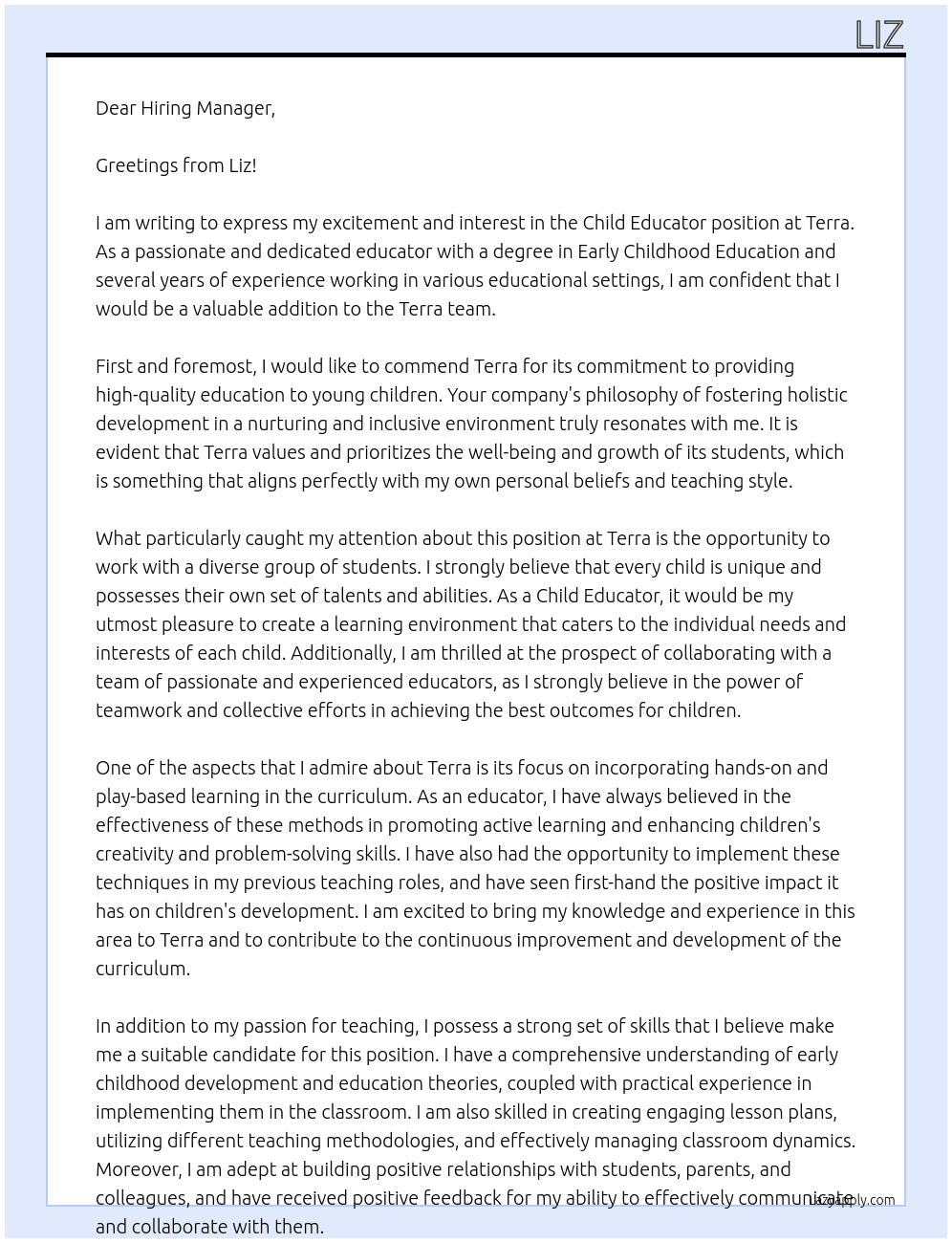Child Educator At Terra Cover Letter