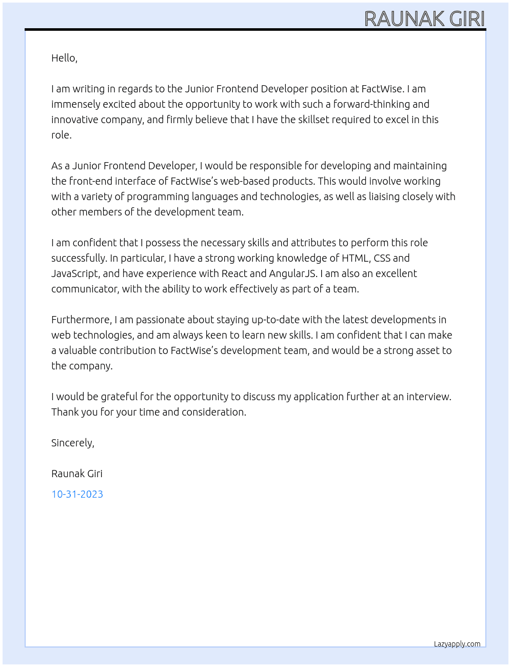 Junior Frontend Developer At FactWise Cover Letter