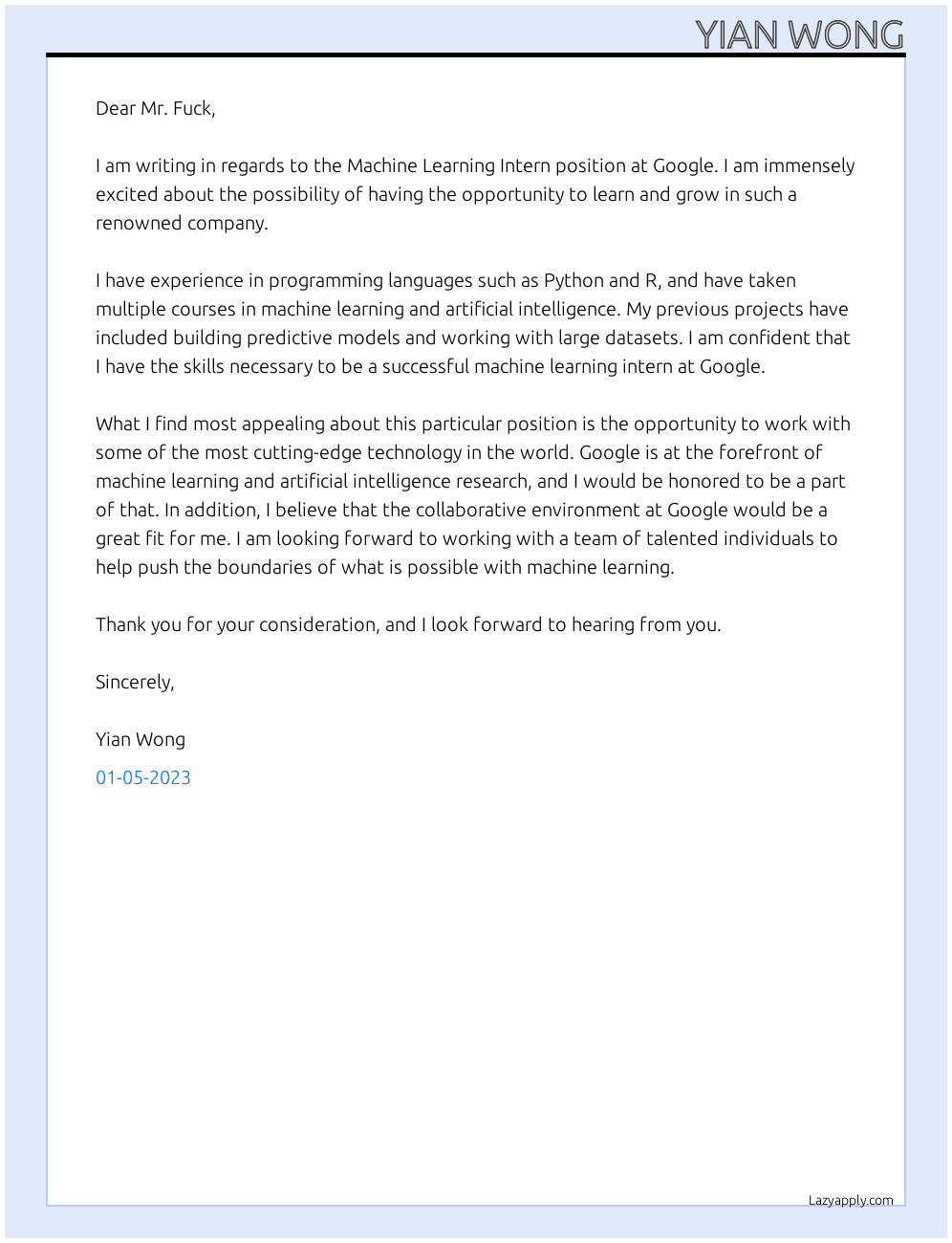 Machine Learning Intern At Google Cover Letter