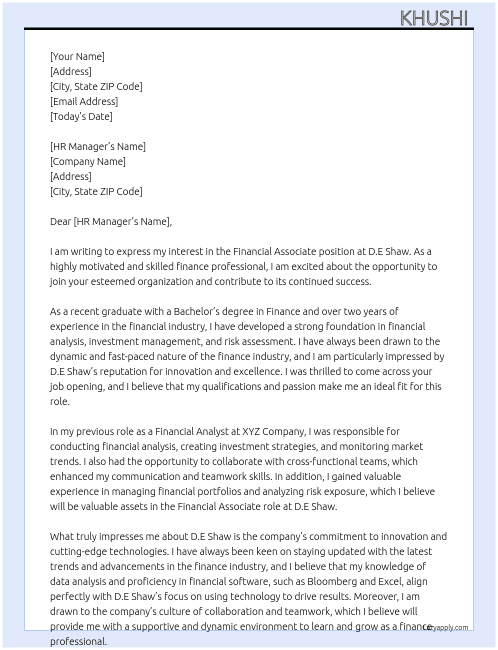 Financial Associate  At D.E Shaw Cover Letter