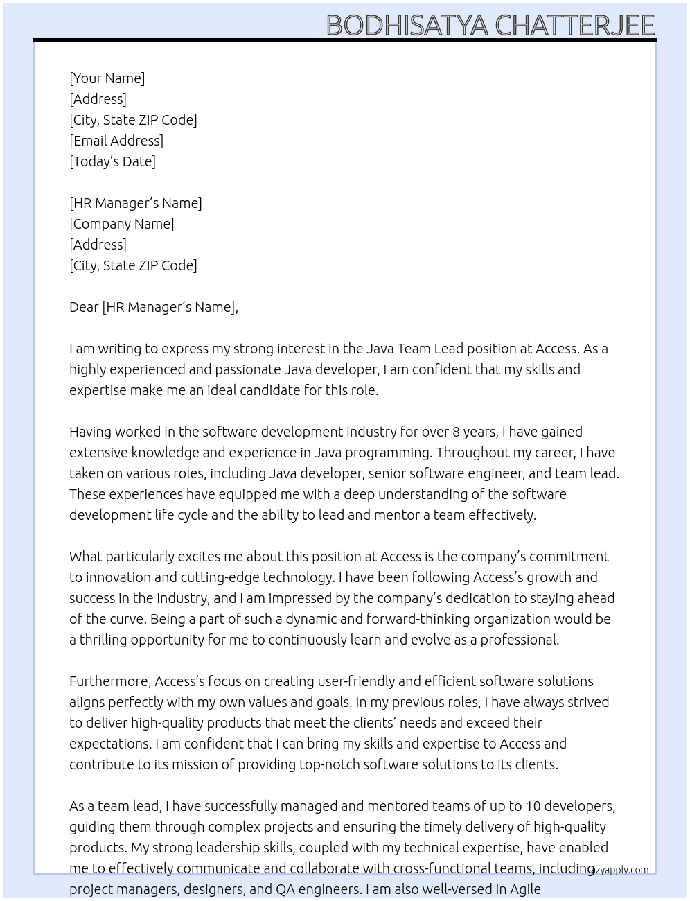 Java Team Lead At Access Cover Letter