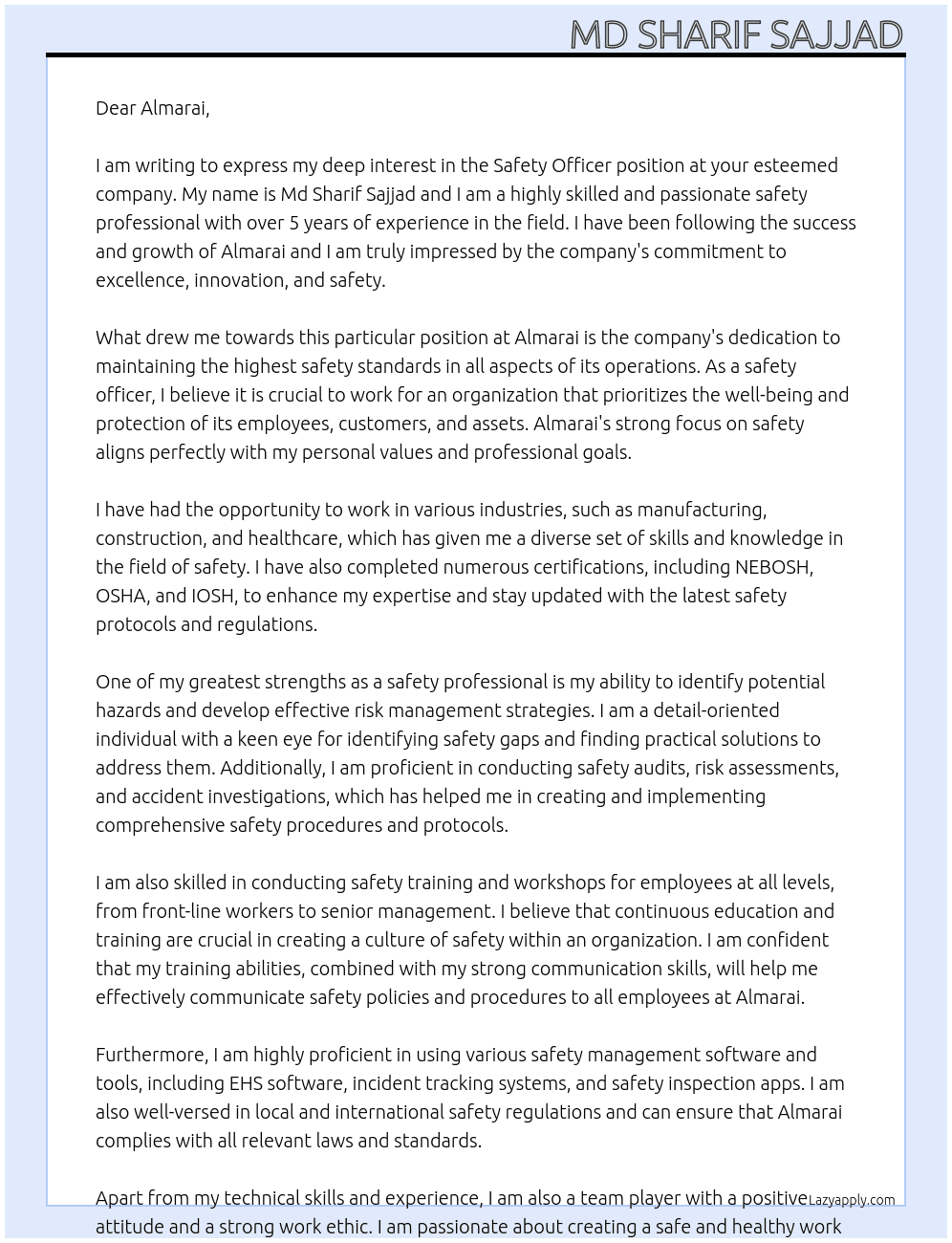 Safety Officer At Almarai Cover Letter
