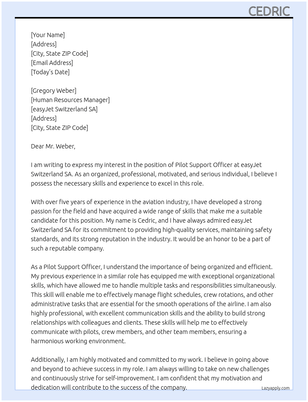 Pilot Support Officer At easyJet Switzerland SA Cover Letter
