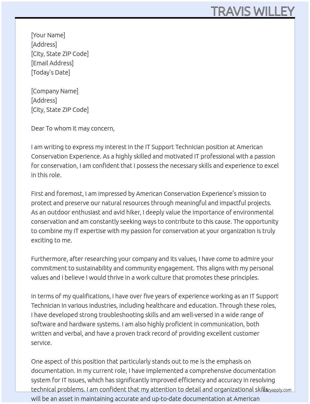 IT Support Technician  At American Conservation Experience  Cover Letter