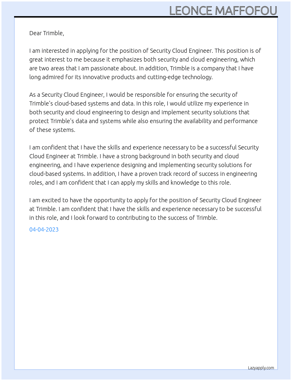Security Cloud Engineer At trimble Cover Letter