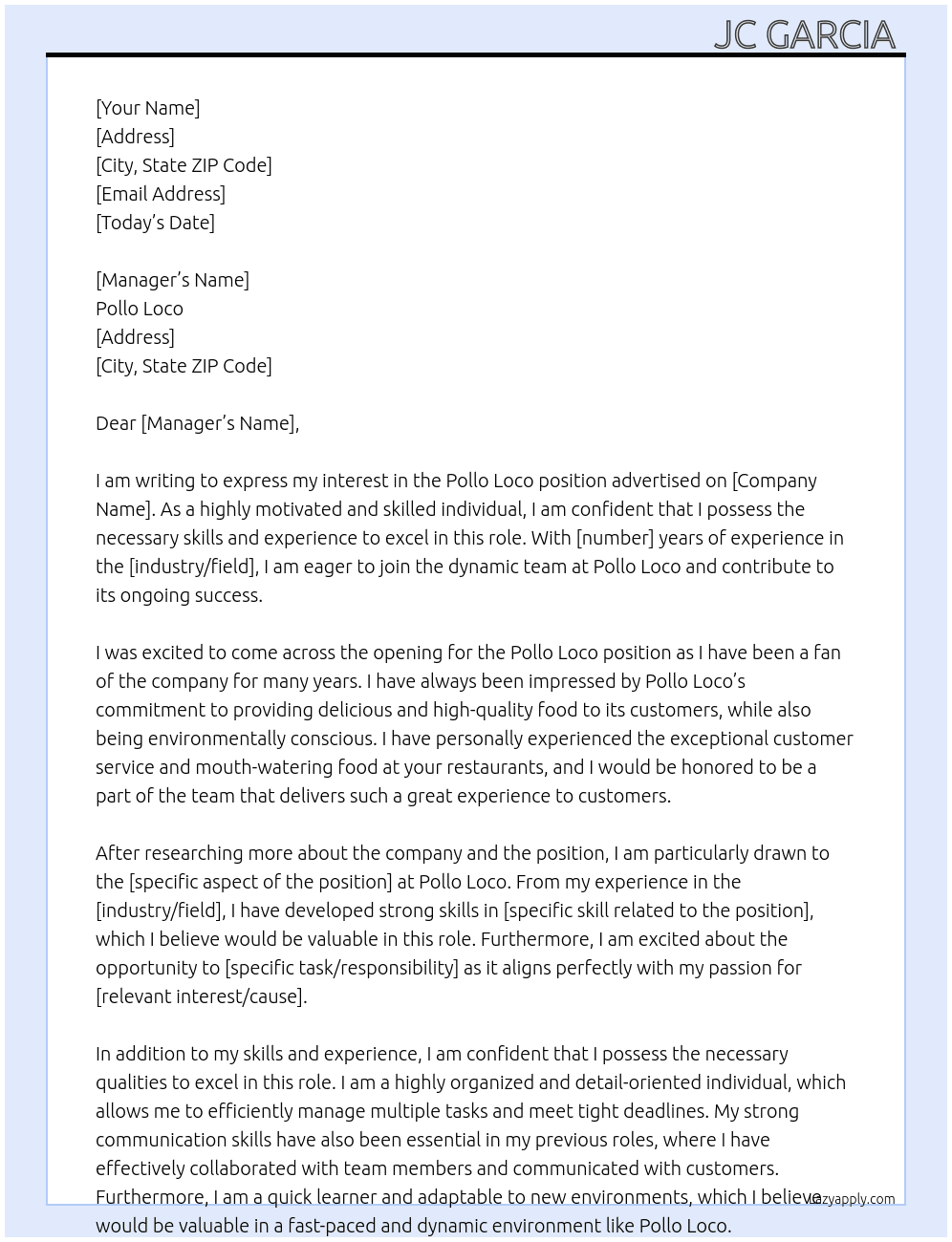 Pollo loco  At Pollo Loco  Cover Letter