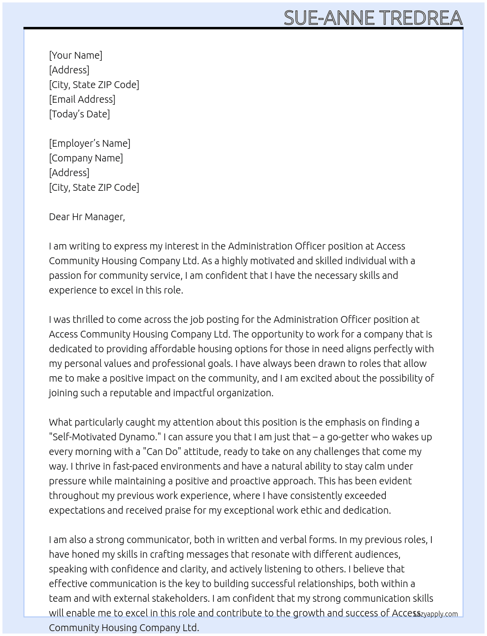 Administration Officer At Access Community Housing Company Ltd Cover Letter