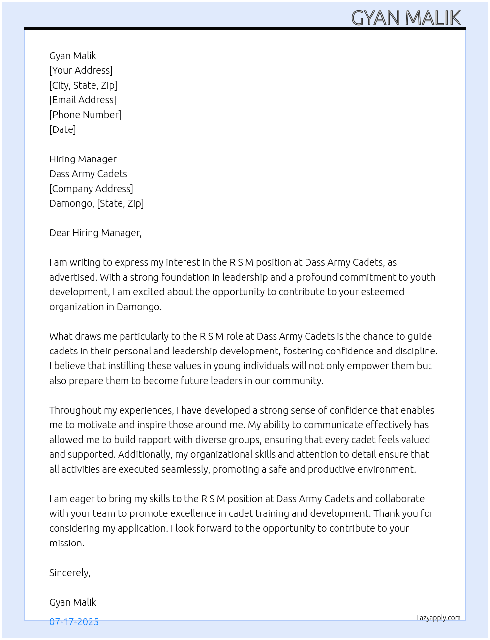 An application letter for R S M position  At Dass army cadets  Cover Letter