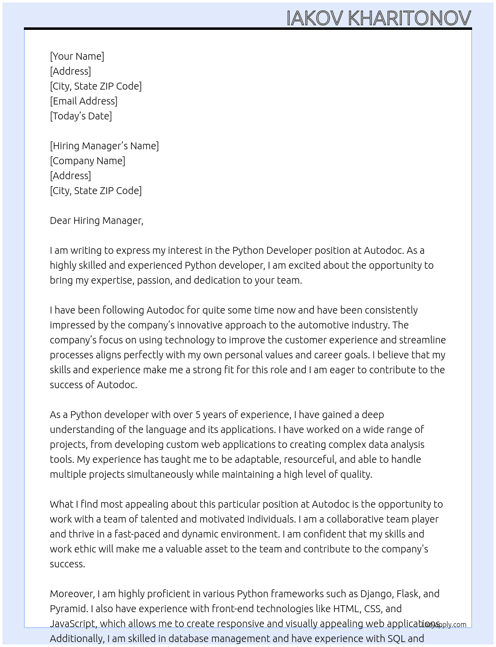 Python developer At Autodoc Cover Letter