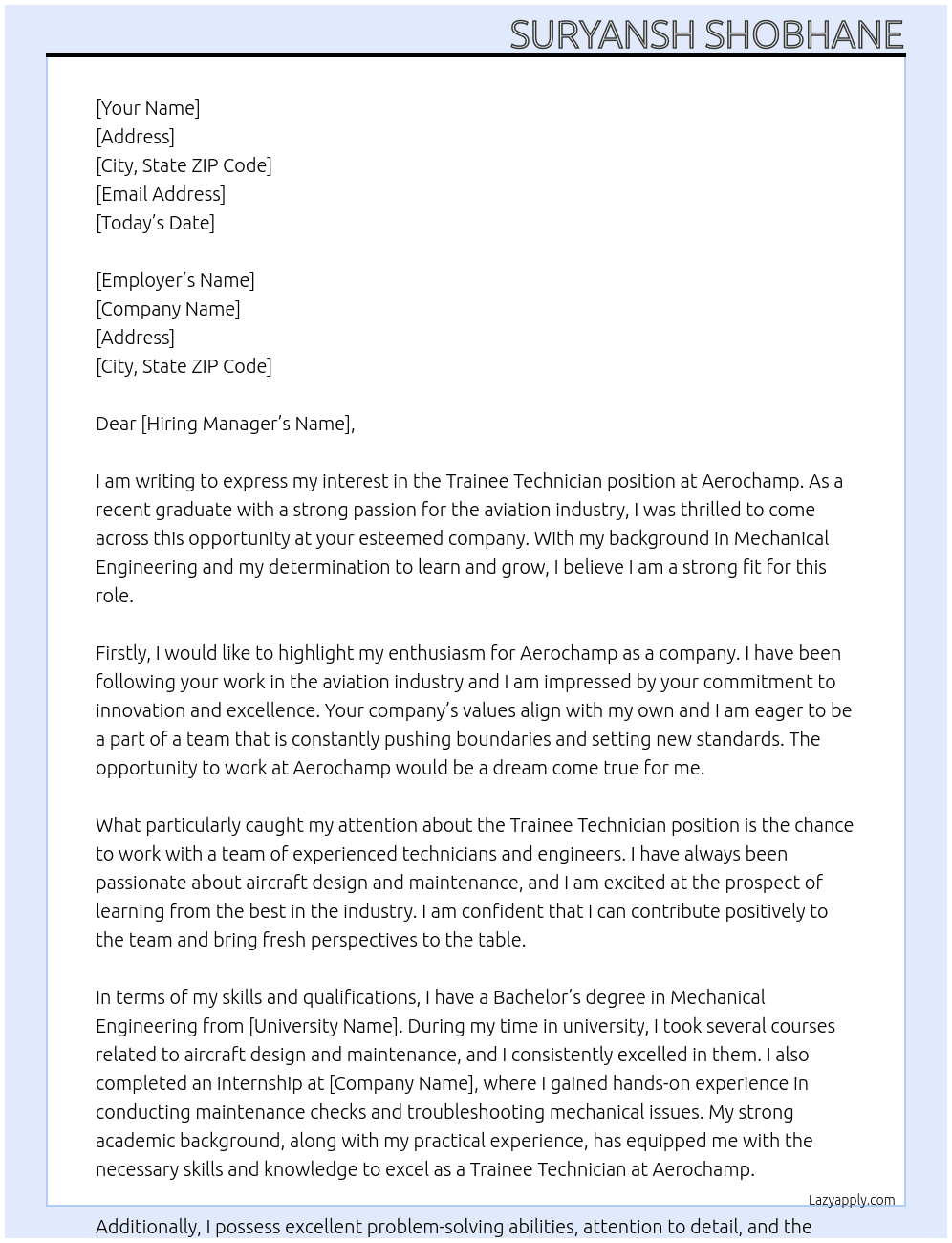 Trainee technician  At Aerochamp Cover Letter