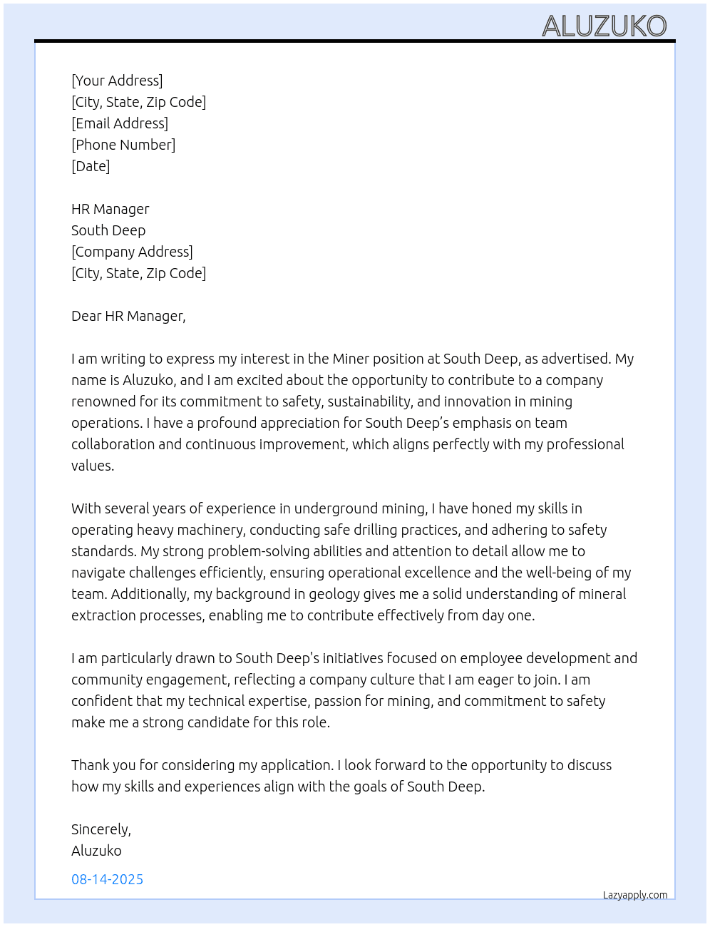Miner  At South deep Cover Letter