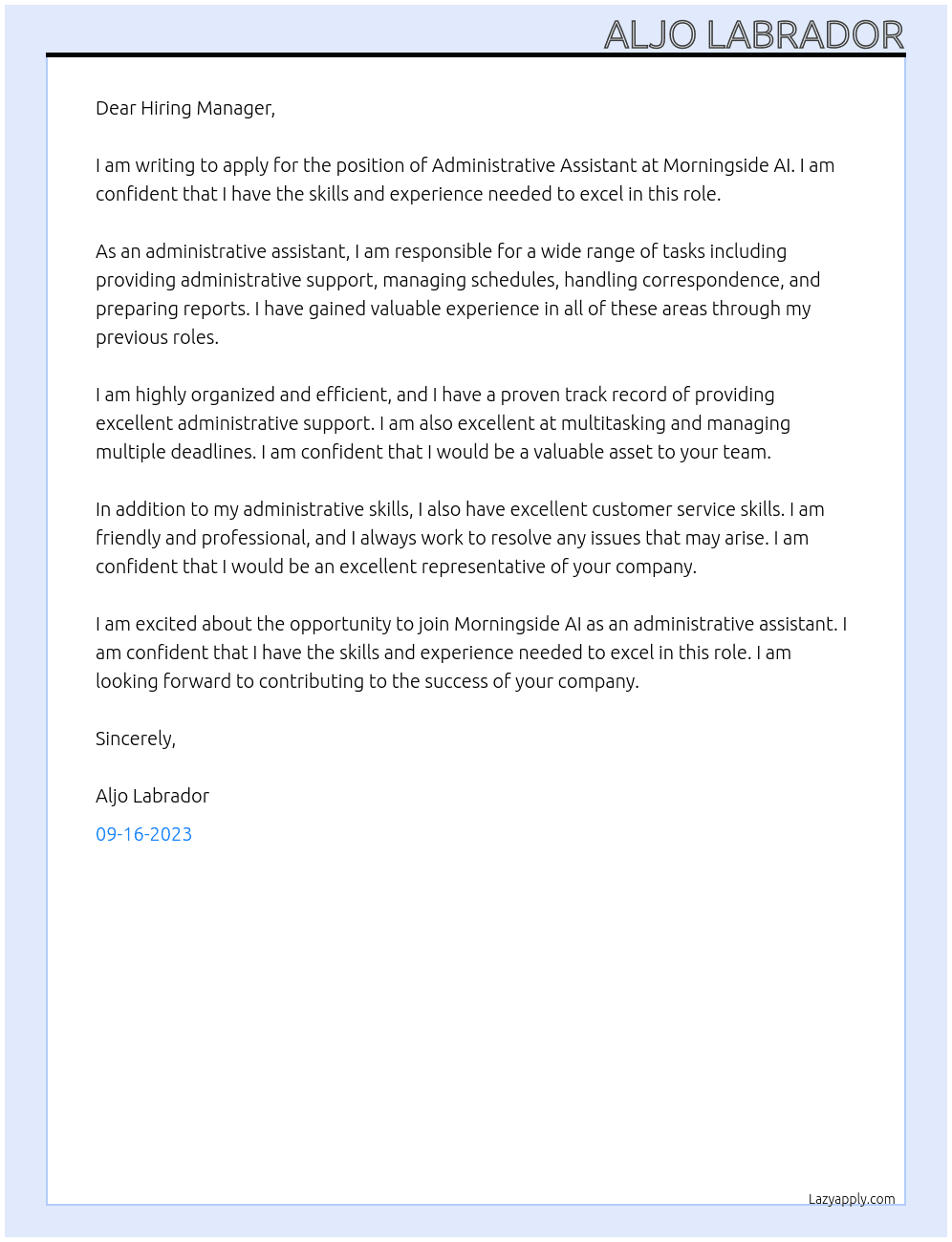 Administrative Assistant At Morningside AI Cover Letter