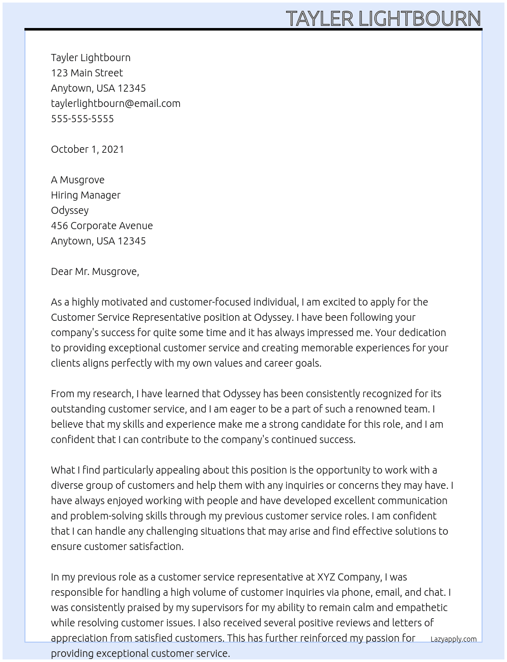 Customer Service representative  At Odyessy Cover Letter