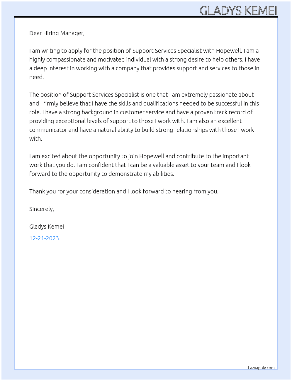 Support Services Specialist At Hopewell Cover Letter