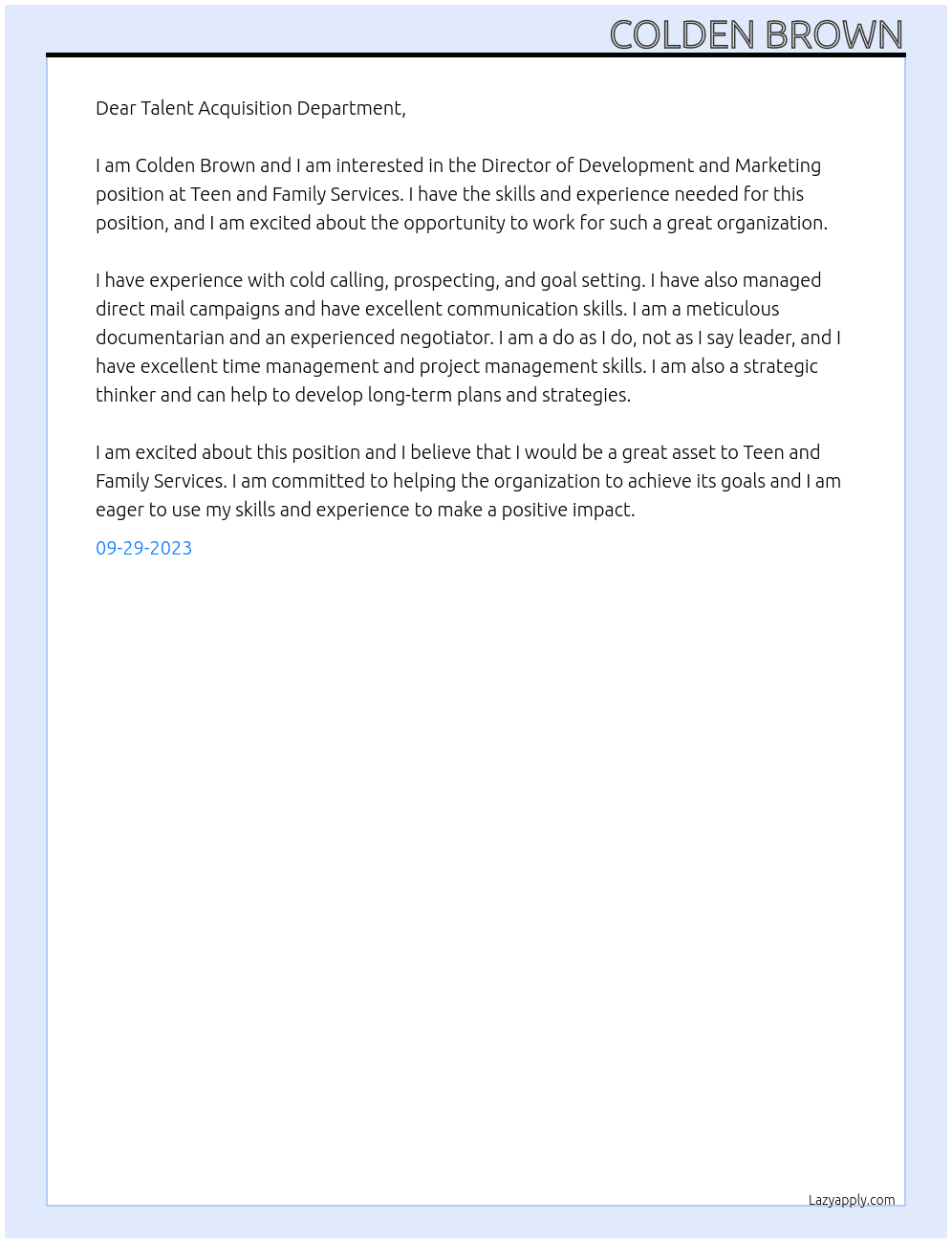 Director of Development and Marketing At Teen and Family Services Cover Letter