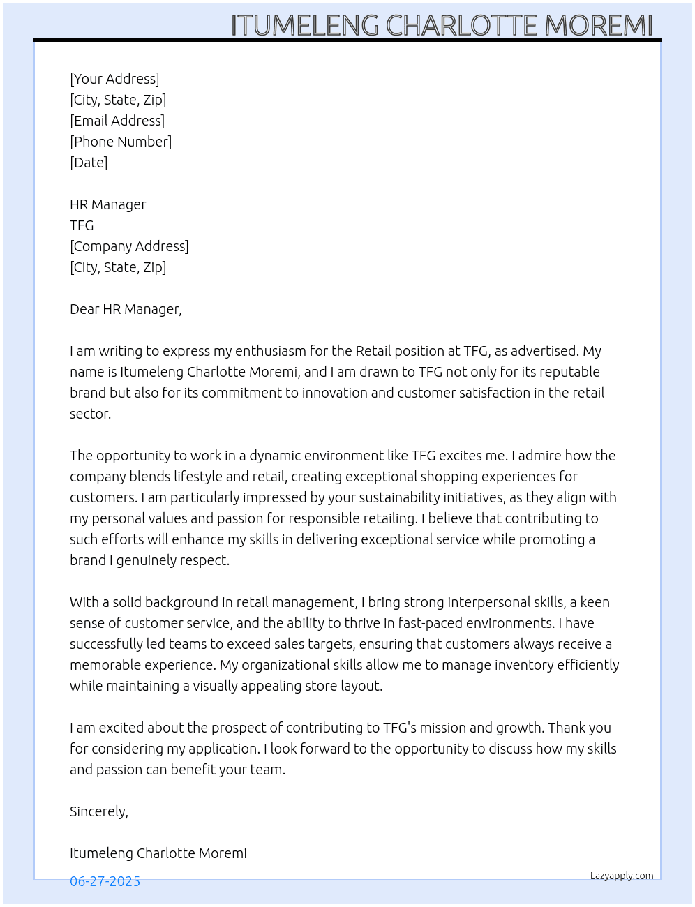 Retail  At Tfg Cover Letter