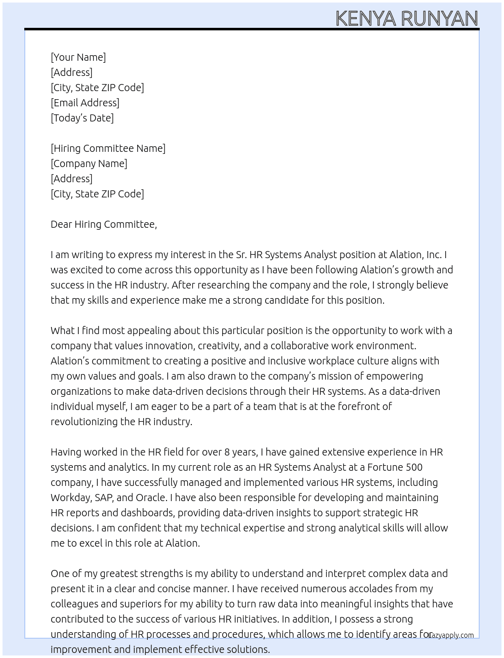 Sr. HR Systems Analyst  At Alation, Inc.  Cover Letter