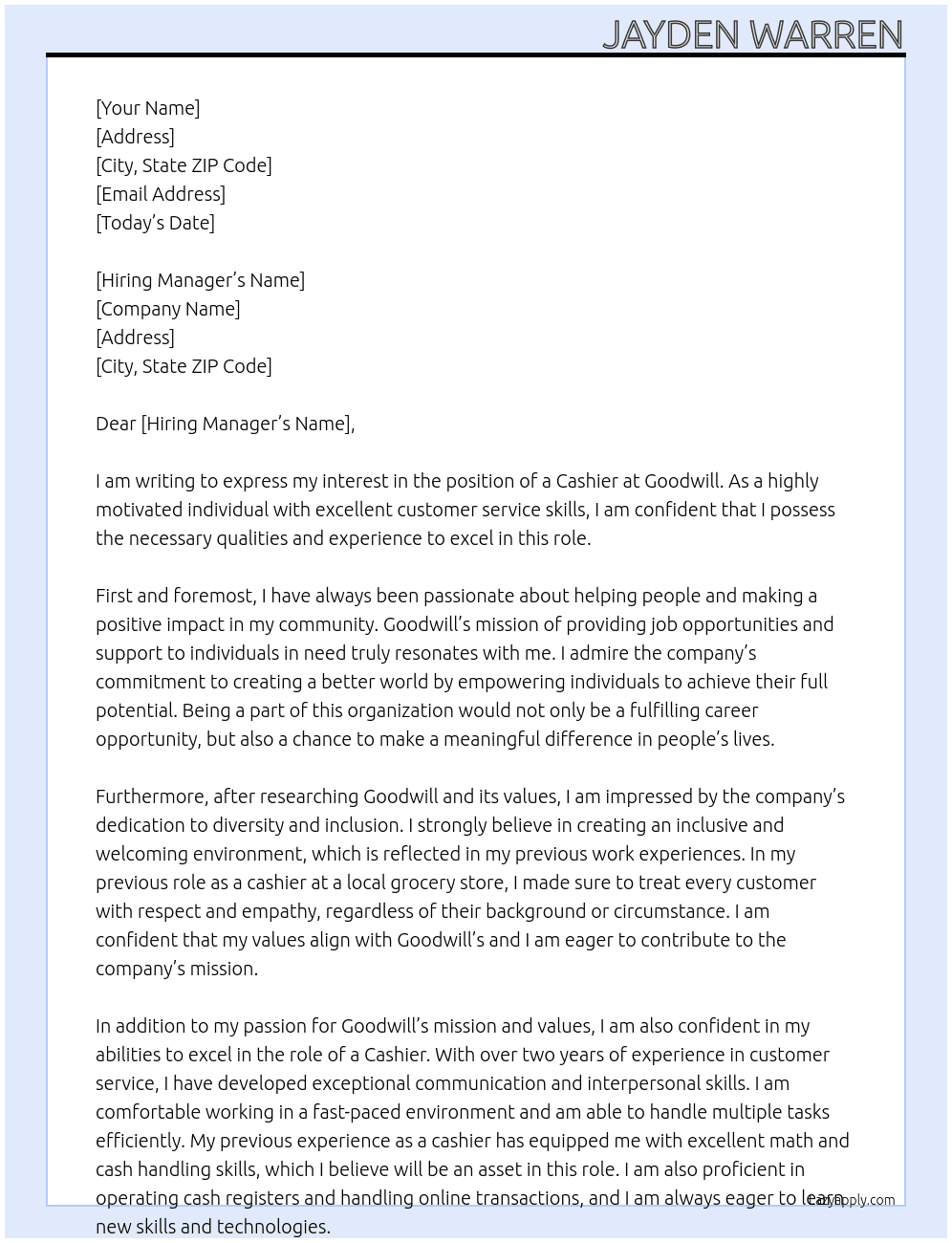 cashier At Goodwill Cover Letter