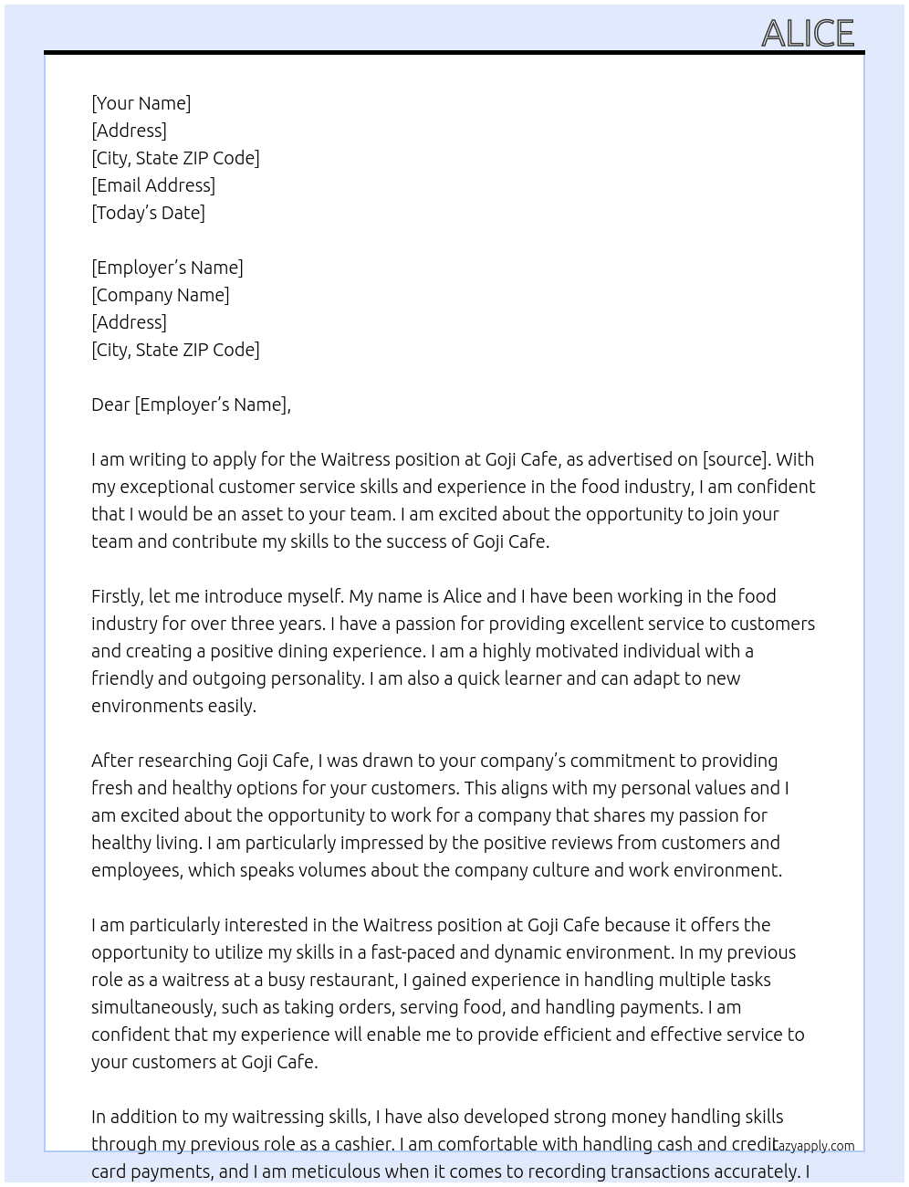 Waitress  At Goji Cafe Cover Letter
